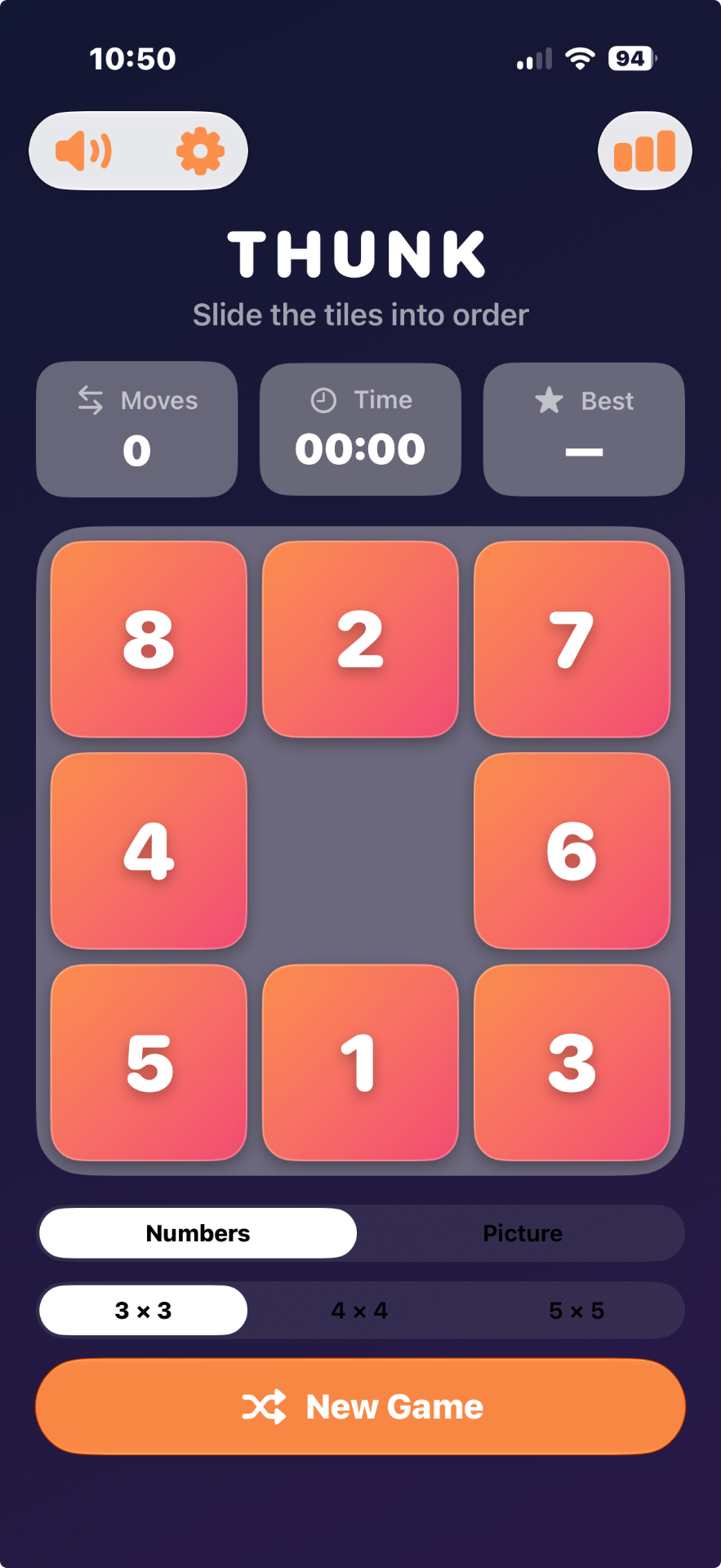 Thunk numbers tile puzzle on iPhone